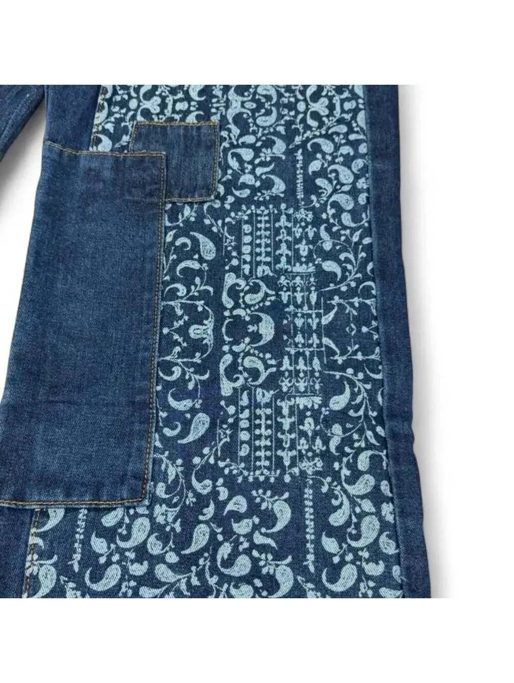 patchwork denim jean with paisley print and corduroy patches - Picture 2 of 6